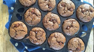 Chocolate Muffins with Chocolate Chips in a muffin tin