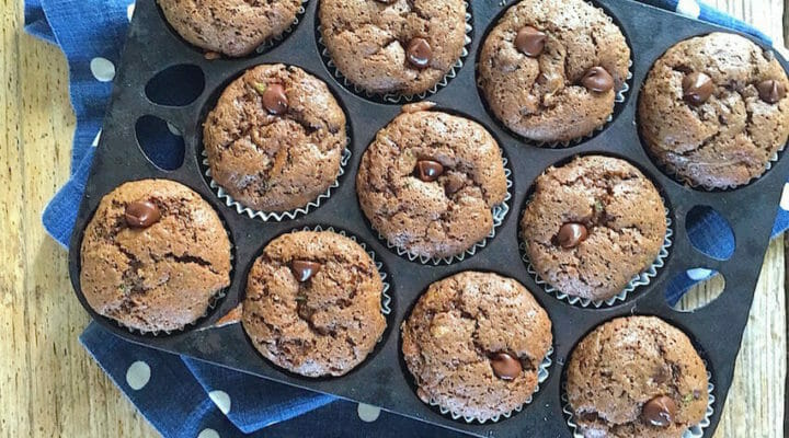 Chocolate Muffins with Chocolate Chips in a muffin tin 