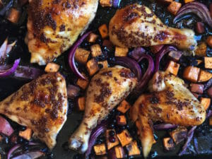 sheet pan chicken with wild blueberries and sweet potatoes
