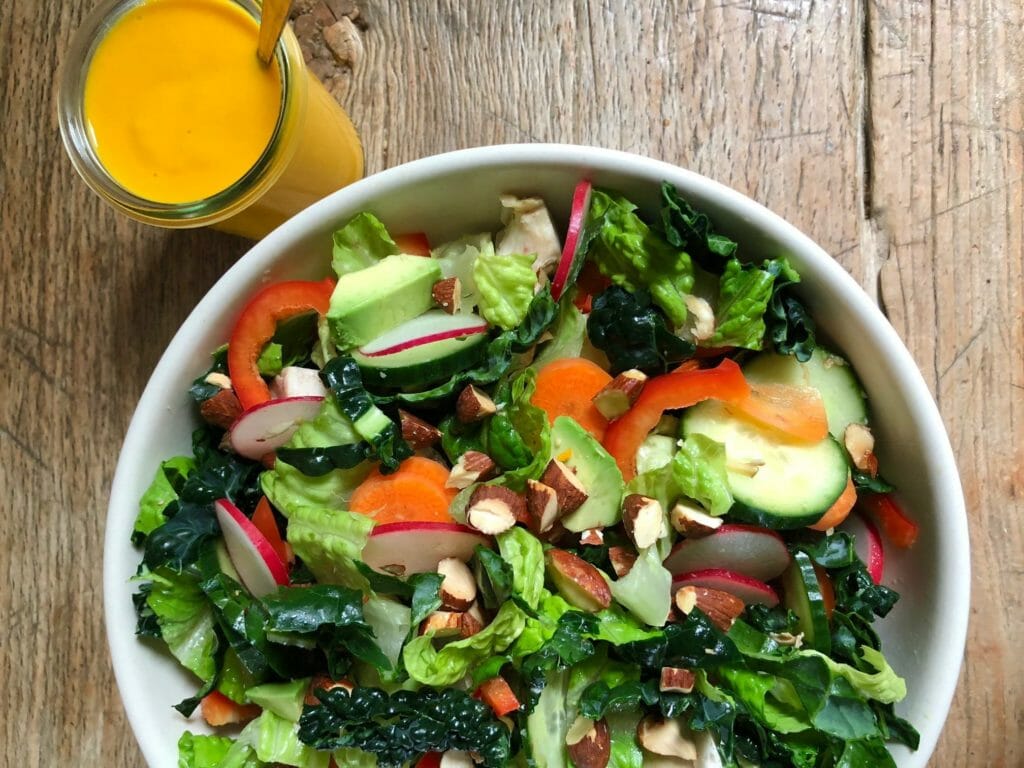 reset button salad with carrot miso dressing