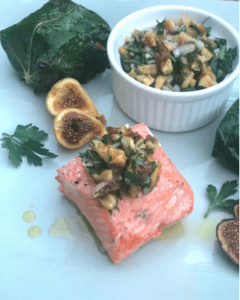 Salmon Wrapped in Fig Leaves with fig and walnut salsa verde