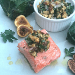 Salmon Wrapped in Fig Leaves with fig and walnut salsa verde