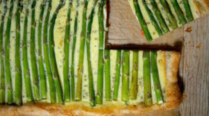 Asparagus and smoked salmon tart on puff pastry