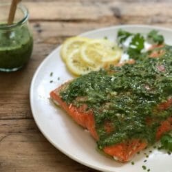 salmon served with green sauce on a white plate or summer vegetable salad served on a plate