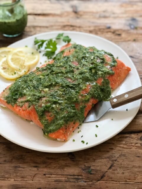 Slow Roasted Salmon with Green Sauce