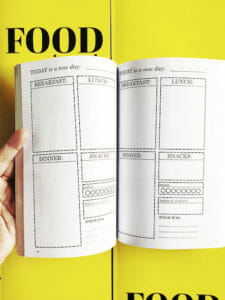 Interior pages of a yellow food journal with black writing