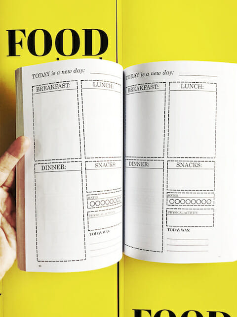 Interior pages of a yellow food journal with black writing
