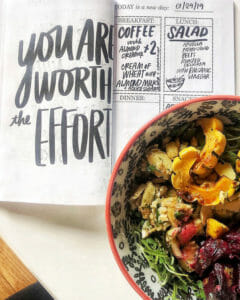 Pages of a food journal with a bowl of vegetables on the side