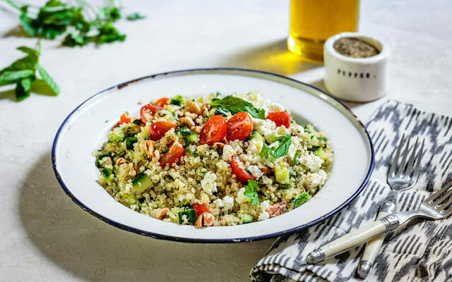 bowl of quinoa tabbouleh for 7 summer salads  