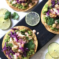 Cauliflower tostadas with red cabbage, lime, and cilantro