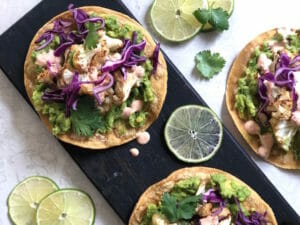 cauliflower tostadas with avocado, red cabbage, and lime