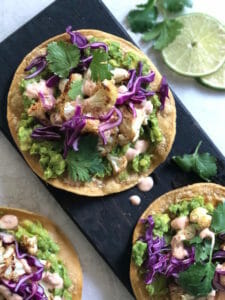 vegetarian cauliflower tostadas with lime and cabbage