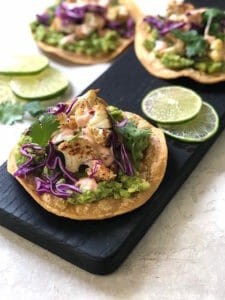vegetarian cauliflower tostadas with red cabbage and lime