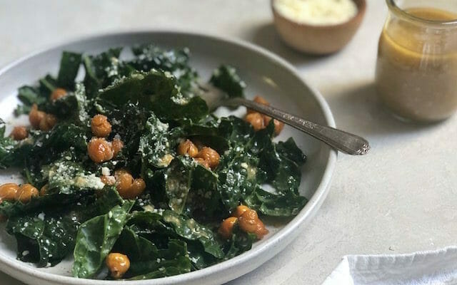 kale caesar with crispy chickpeas