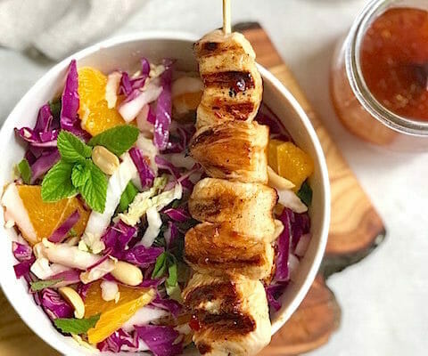 asian style slaw with tofu skewer