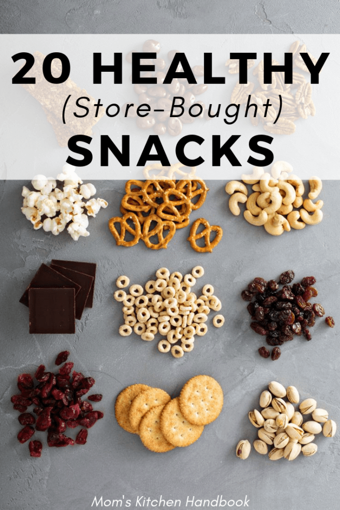 Pin of assorted store bought snacks that are healthy