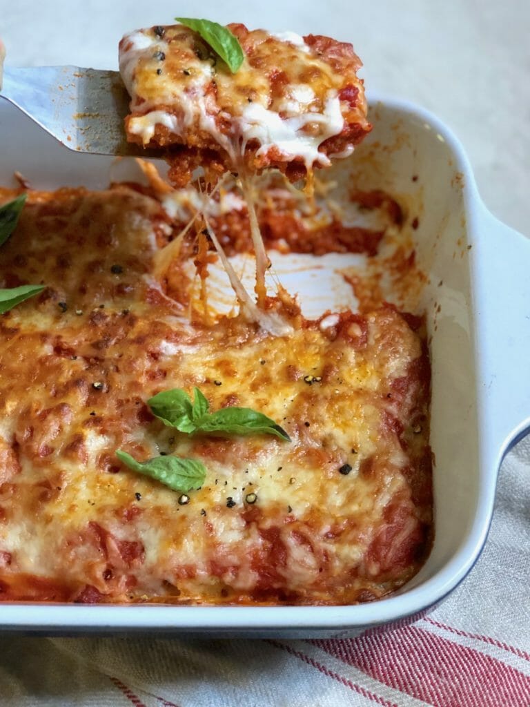 Tofu Parmigiana with basil and cheese