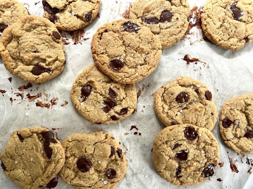 Healthier chocolate chip cookies on parchmet