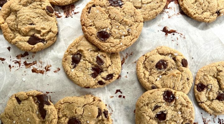 Healthier chocolate chip cookies on parchmet