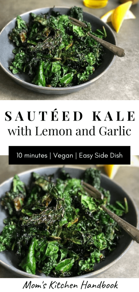 Pin of sautéed kale in a bowl with a fork