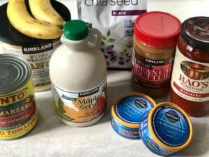tuna, peanut butter, pasta sauce, chia seeds, bananas, and other healthy foods at costco