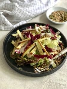 Salad of lettuce, apple, and seeds, on a brown plate with fork