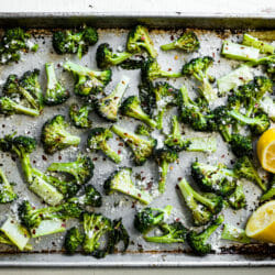 sheet pan of best roasted broccoli with Parmesan and lemon