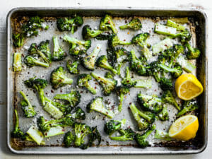 sheet pan of best roasted broccoli with Parmesan and lemon