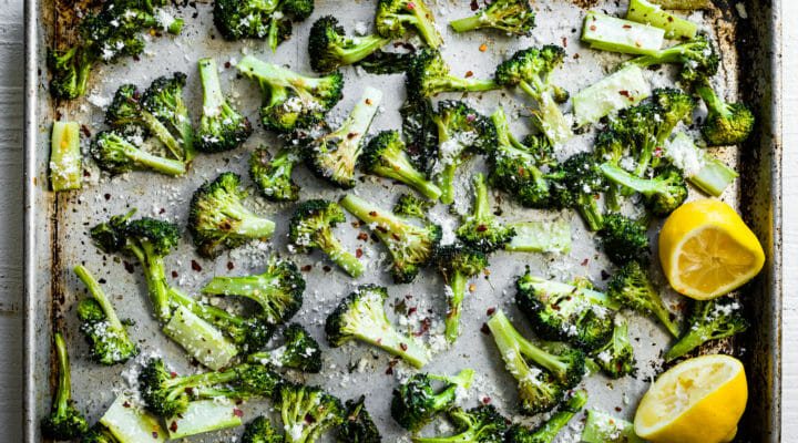 sheet pan of best roasted broccoli with Parmesan and lemon