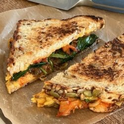 kimchi grilled cheese sandwich on wax paper