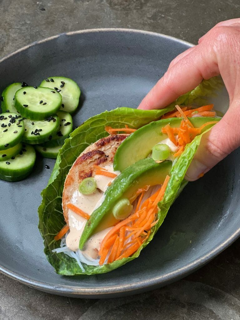 hand holding a salmon lettuce wrap