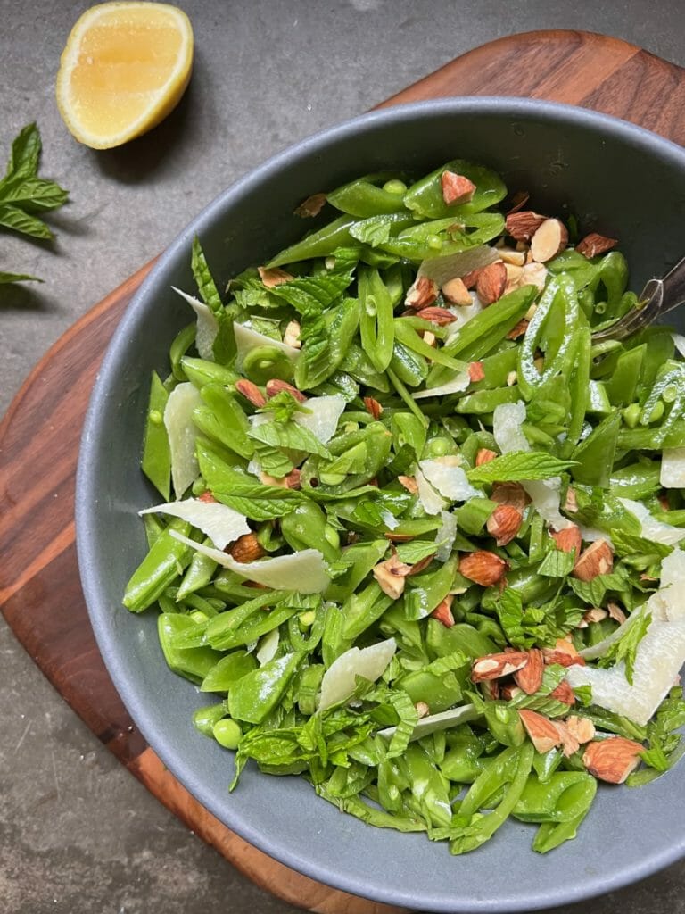 bowl of sugar snap pea salad