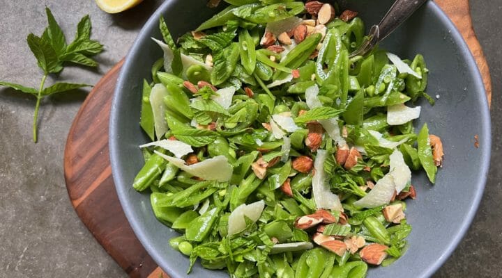 Bowl of sugar snap pea salad