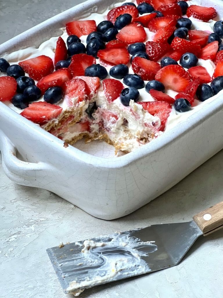 lemon yogurt icebox cake in a white dish