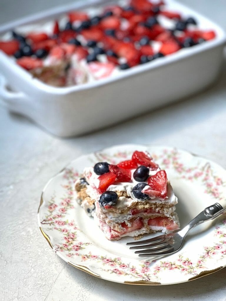 lemon yogurt ice box cake slice with fork 