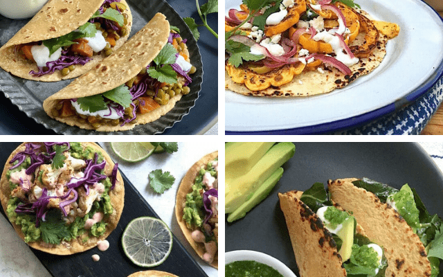 graphic of 6 healthy vegetarian tacos