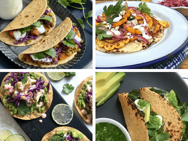 graphic of 6 healthy vegetarian tacos