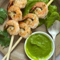 Shrimp Skewers with Avocado Herb Sauce