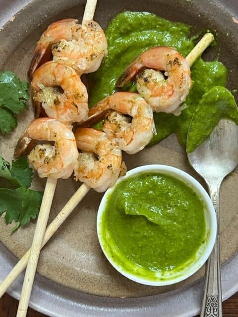 Shrimp Skewers with Avocado Herb Sauce