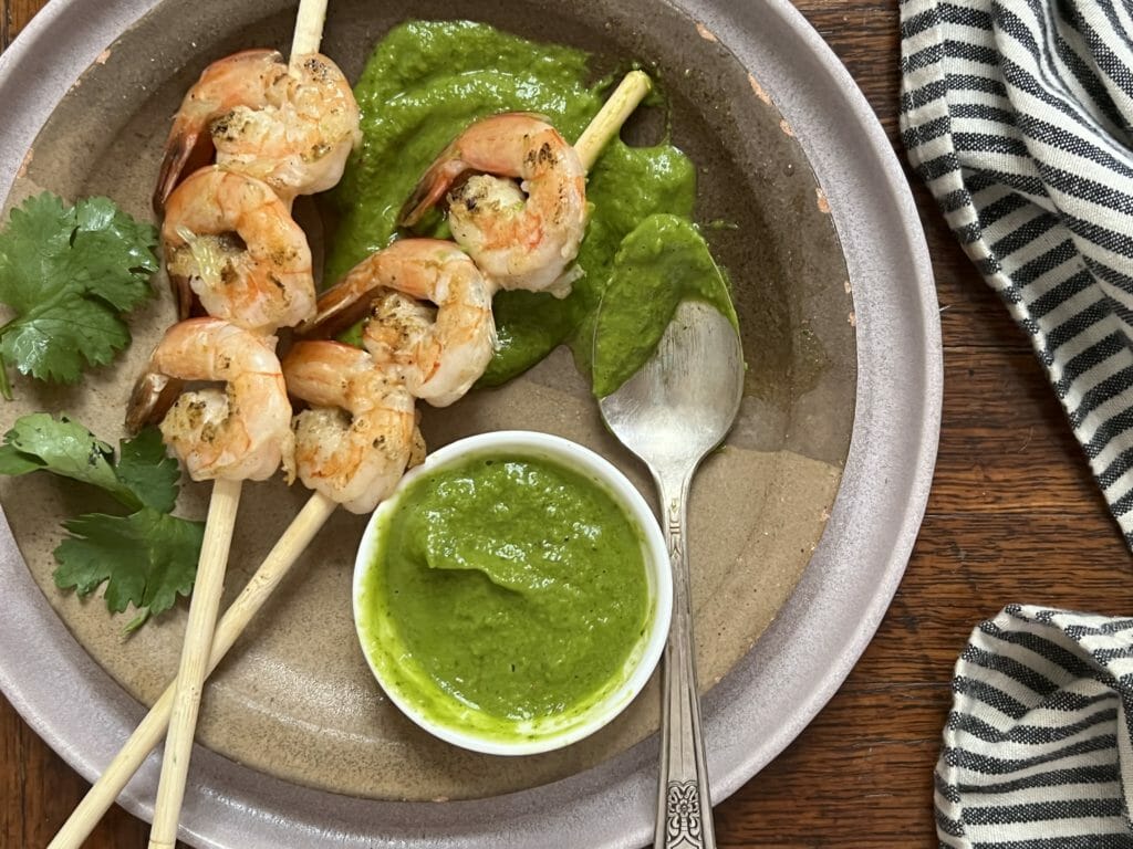 Shrimp Skewers with Tangy Avocado Sauce