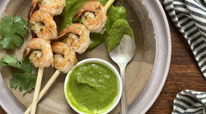 Shrimp Skewers with Tangy Avocado Sauce