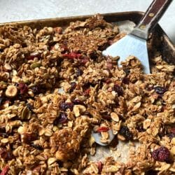 sheet pan and spatula with granola