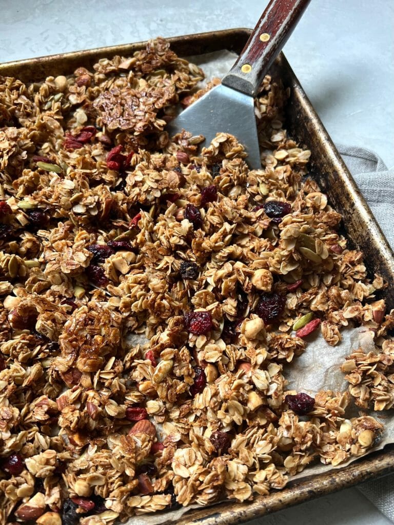 sheet pan of maple coconut granola