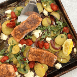 Sheet pan salmon with tomatoes and feta
