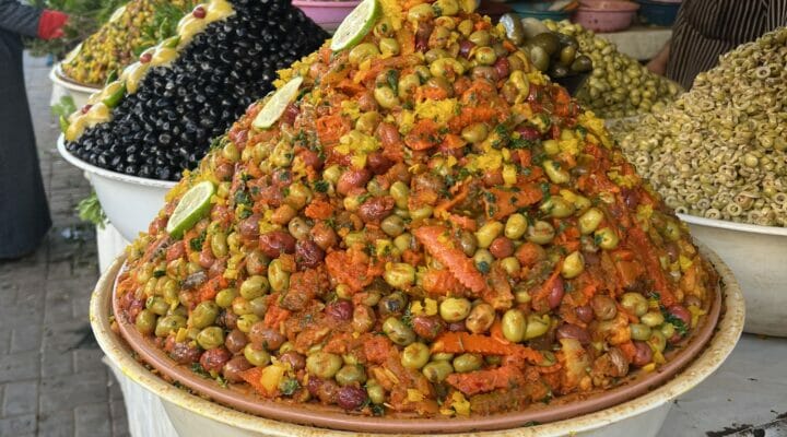 Large bins of olives and where and what to eat and drink in morocco