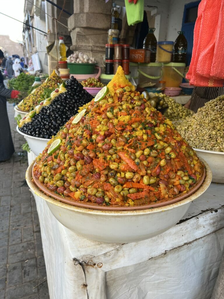Large bins of olives and where and what to eat and drink in morocco