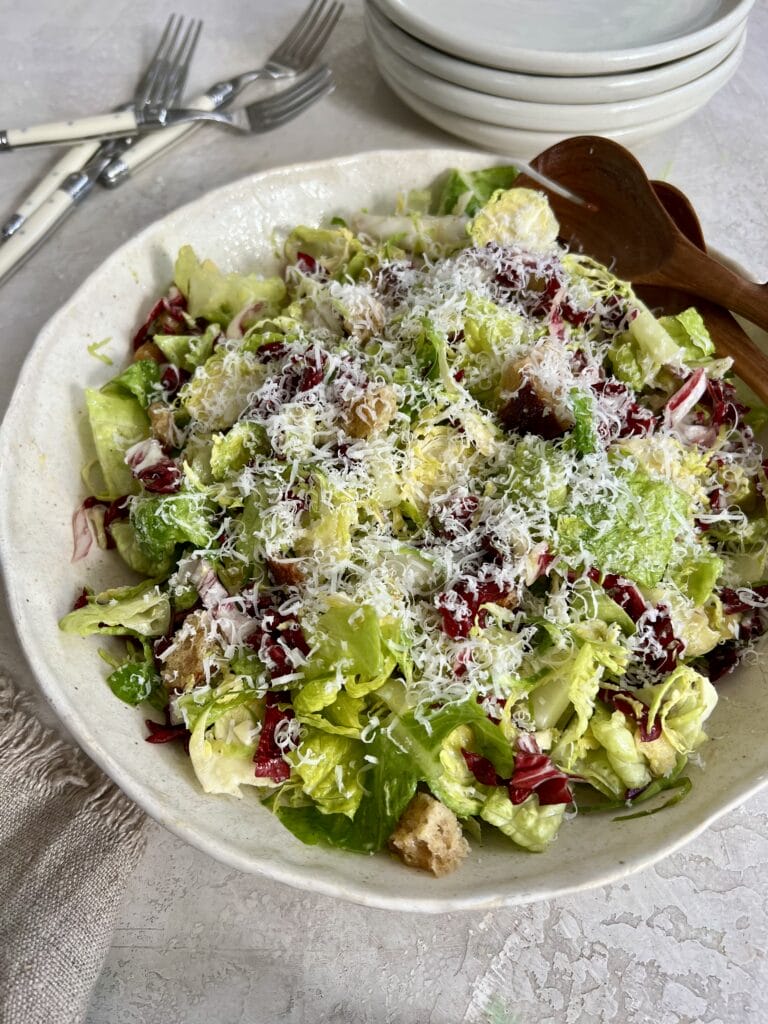 Brussels, radicchio, and romaine caesar salad