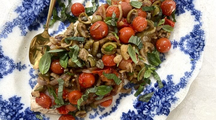 Fish in Parchment with tomatoes, capers, fennel, olives