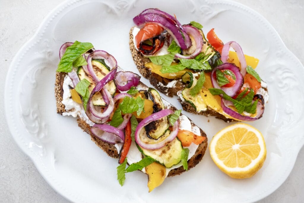 Grilled Vegetable Toast with Whipped Goat Cheese 