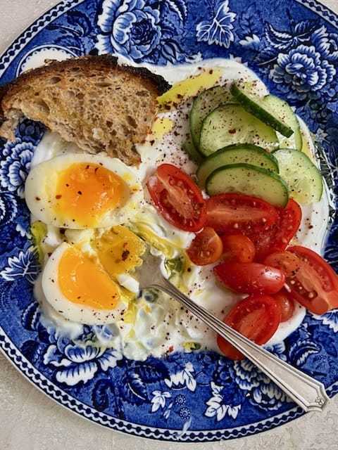 Jammy eggs on savory yogurt